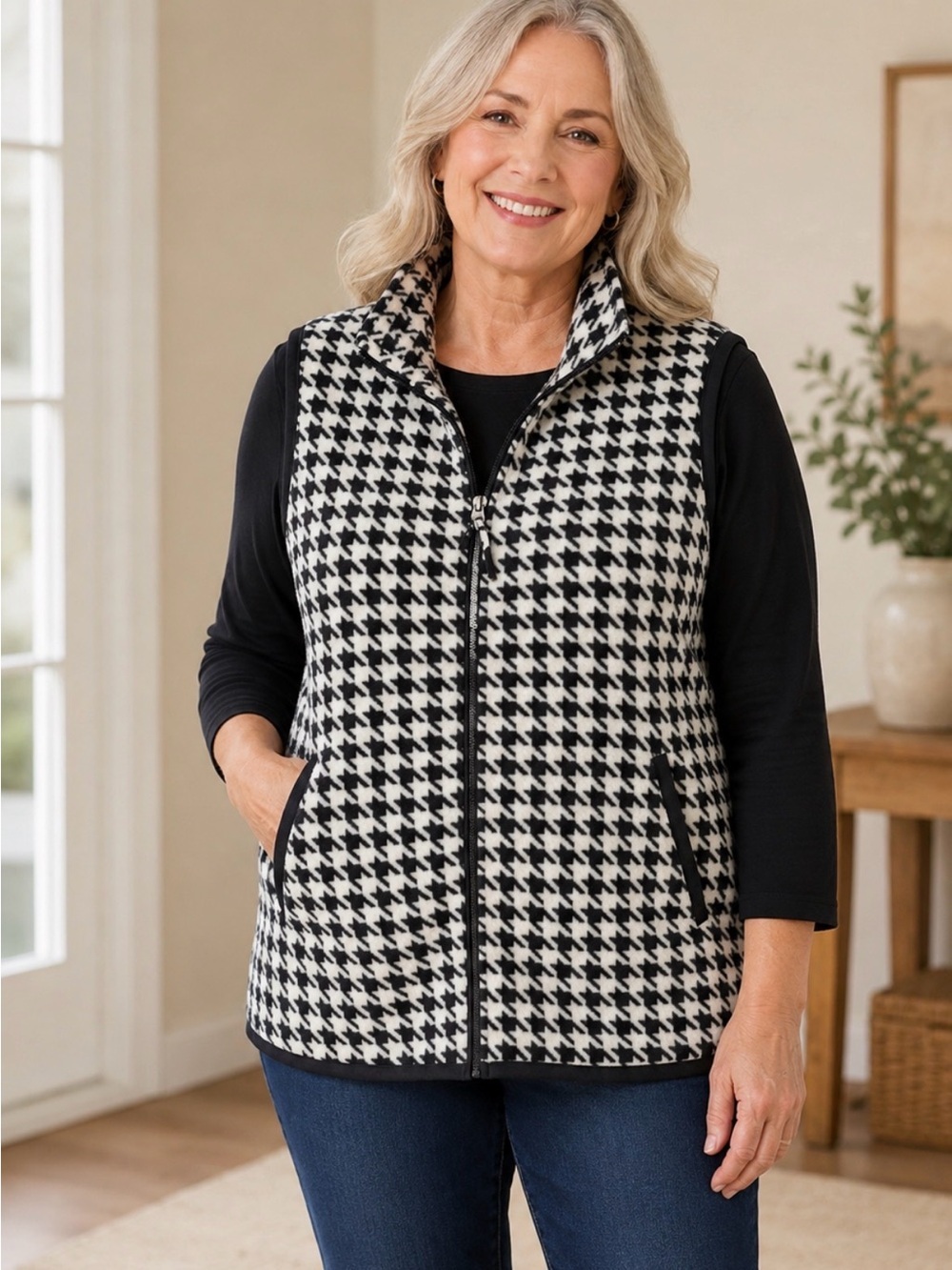 Woman Within Black and White Houndstooth Fleece Vest Size Large